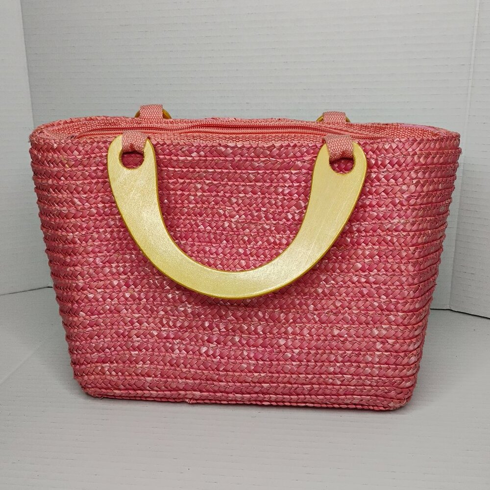 Vintage Faded Glory Straw Tote Bag – Bright Pink with Wooden Handles